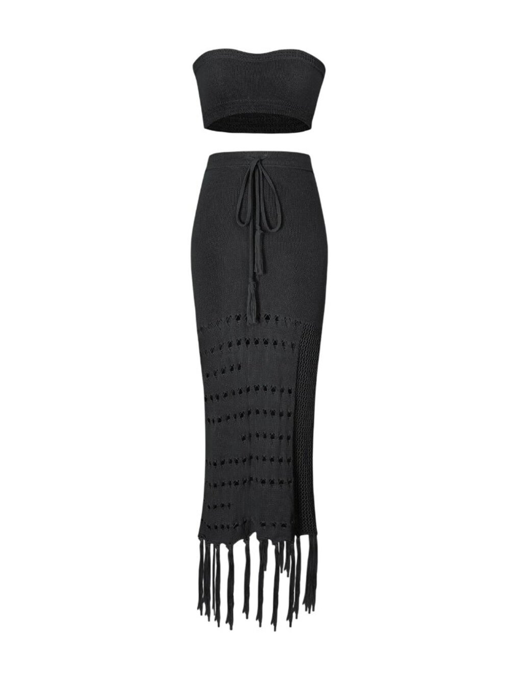 Micas Women's Medium Black Knit 2pc Skirt Set Tassel Hem Bandeau Top Cover Up